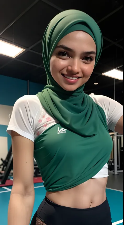 malay girl in hijab, wear small floral pastel green color oversized tshirt and high waist panties, laughing and posing with both...