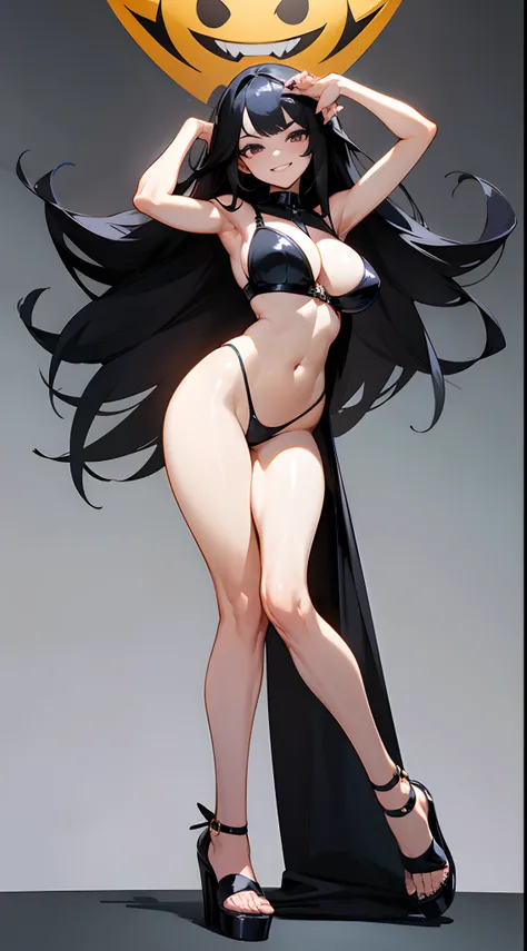 （gigantic breasts:1.6），Full body like，heeled sandals，The right hand crosses the waist，Long black hair，Black colored eyes，Black fingernails，Black toenails，grin face，Latex bra，Latex panties，exposing thighs，exposing your navel，Expose the armpits