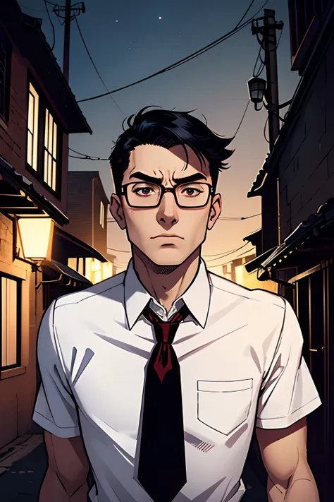 closup face, skinny guy, short black hair, glasses, wearing a white shirt, red tie, scared, looking up, gotham city alley background, night time