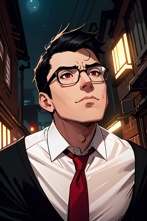 closup face, skinny guy, short black hair, glasses, wearing a white shirt, red tie, scared, looking up, gotham city alley background, night time