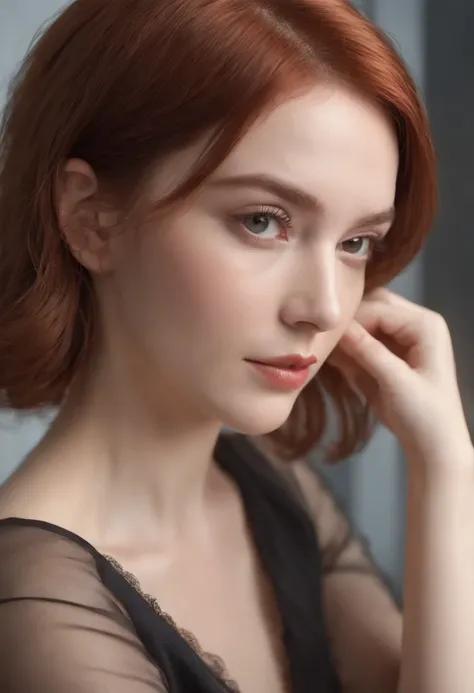 (redhair), (Short haircut),Detailed skin texture, (blush:0.2), (Goosebumps:0.3), (Elegant dress), Subsurface scattering, Photorealistic, hyper realisitic, hyperdetails, analog style, hip cocked, demure, Detailed skin, Matte skin, Soft lighting, Subsurface ...