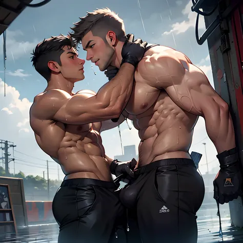 2boys kissing,, masterpiece, best quality, shirtless slim lean  boys young adults in a mine field with grey sky and dark clouds. The men are muscular lean slim and well built, with shiny bodies and defined muscles. The men are wearing gloves and pants whic...