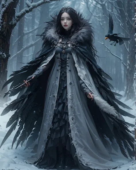 Best quality, masterpiece, meticulous detail, intricate detail, realistic, full body, a mystical winter lady with black feathers cloak in halloween, horror, dark fantasy, cinematic