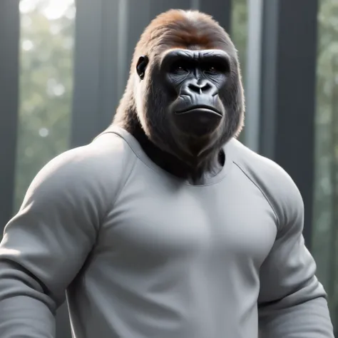 Gorilla,

anthropomorphic,

in a stylish grey tracksuit,

dark t-shirt,

trousers with pockets,

white trainers,

hands in pockets,

light colours, 

digital graphics, 

fantasy, 

unreal engine, 

blender art by artgerm, 

perfect composition, 

octane re...