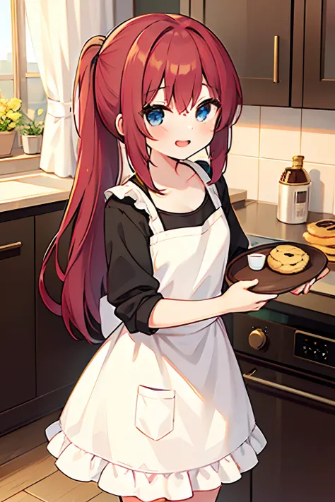 1girl, young girl, masterpiece, high quality, red hair, long hair, straight hair, ponytail, blue eyes, in the kitchen, with oven, making a cookie, wearing a apron, (wearing a t-shirt), happy, holding a tray of cookies