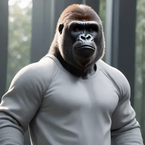 Gorilla,

anthropomorphic,

in a stylish grey tracksuit,

dark t-shirt,

trousers with pockets,

white trainers,

hands in pockets,

light colours, 

digital graphics, 

fantasy, 

unreal engine, 

blender art by artgerm, 

perfect composition, 

octane re...