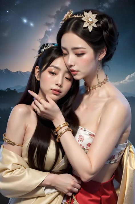 tmasterpiece,RAW photogr,hyper qualit, ultra - detailed,Perfect drawing,Two beautiful girls, Lovers, lesbians,(Geisha hairstyle,Geisha hairstick,Geisha hair ornament,armlets, bangle:1.3),Dodge kisses, closing her eyes,bauhaus, bulgari, official valentino e...