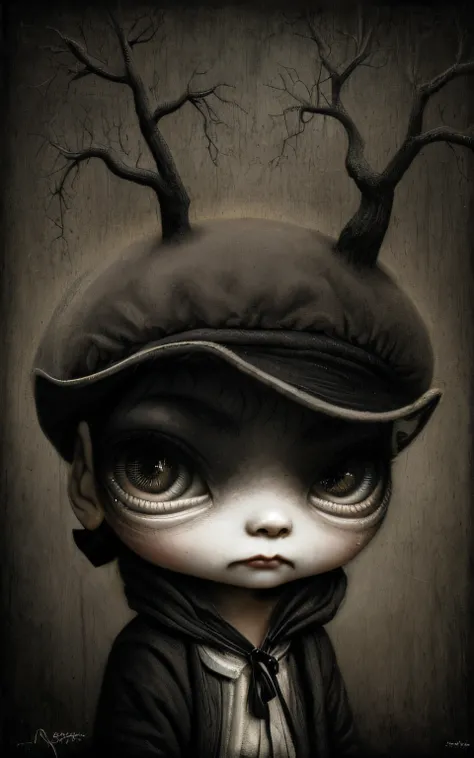 Pintura de una obeja negra sonriente con un sombrero negro y una nariz negra, Estilo Mark Ryden, Estilo de Mark Ryden, Mark Ryden en el estilo de, Mark Ryden muy detallado, inspirado por Mark Ryden, por Mark Ryden, Gary Baseman, benjamin lacombe, Anton Sem...