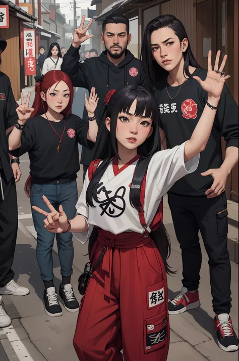 cartel drug dealers family portraits badass selfies of traditional female japanese geshia gangs females gang members mob syndicates gang baggy sagging trap sumpreme streetwear at a japane shrine raisng hands gang signs ofensive V signs