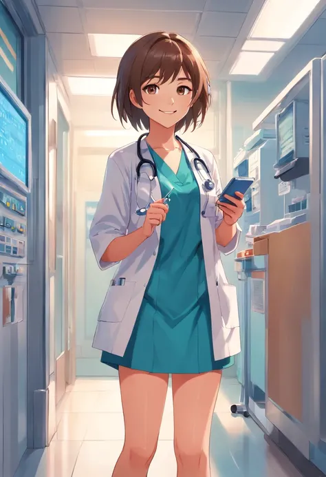 Cute cartoon girl，Become a doctor，Stand in front of the hospital，The phone is equipped with a syringe，Smile and look ahead，He has a fleshy face and short legs