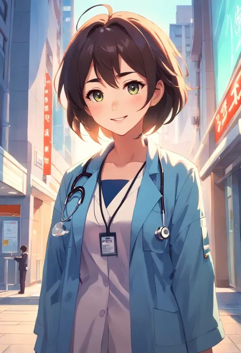 Cute cartoon girl，Become a doctor，Stand in front of the hospital，The phone is equipped with a syringe，Smile and look ahead，He has a fleshy face and short legs