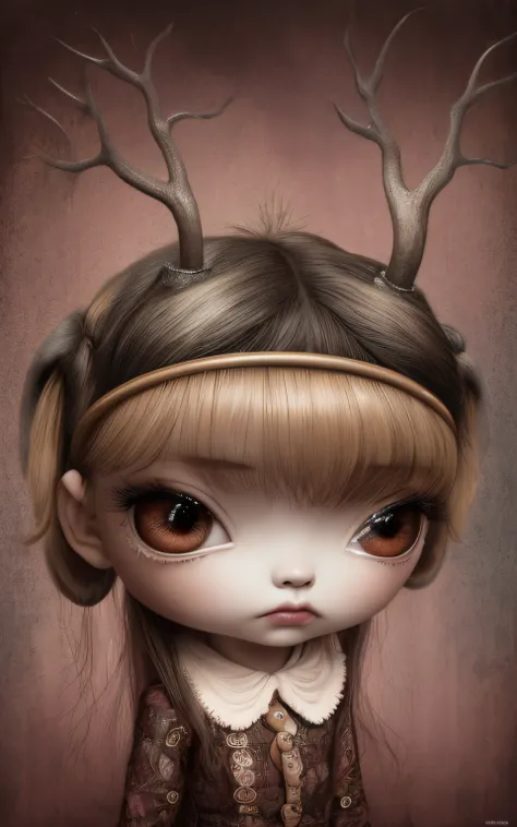 Painting of a girl with deer antlers on her head, Estilo Mark Ryden, Mark Ryden muy detallado, Mark Rydens Estilo, Naoto Hattori, Surrealismo pop lowbrow, Mark Ryden en el estilo de, benjamin lacombe, Lori Earley, Surrealismo pop Lowbrow Art Style, Arte lo...