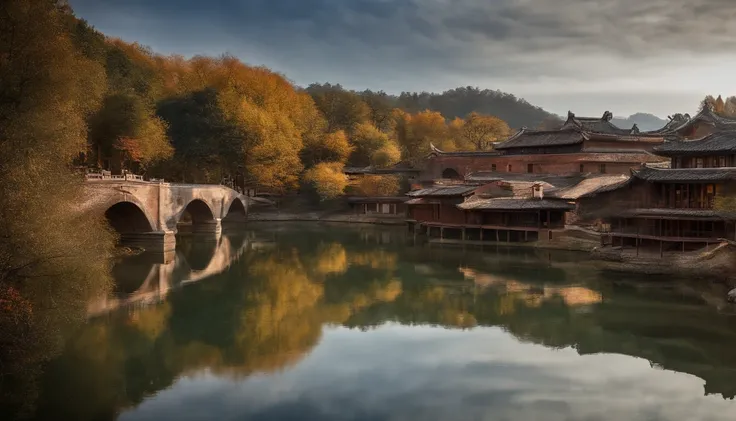 ((Masterpiece)), (Top quality), (Best quality), (Hou Xiaoxians sense of cinema), (Realphotos), (hyper-detailing), Chinese villages, Autumn is cool, with blue sky and white clouds, The setting is beautiful, Lots of trees, It looks very comfortable and comfo...