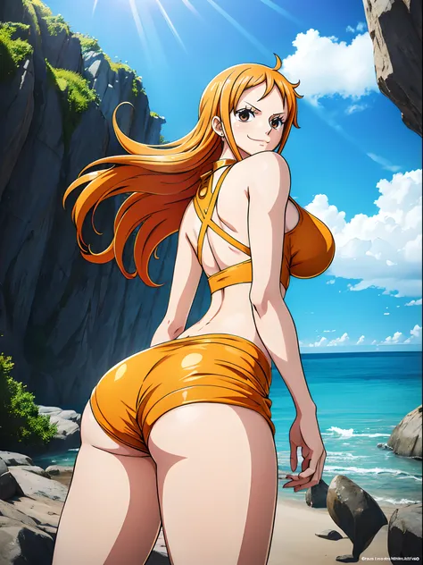 Nami from One Piece, showing the ass, back view, very light orange and yellowish haired girl,beautiful brown eyes, shiny white skin, full body photo, blushing cheeks,in a clouds in the sky smiling at the viewer,big breasts, Big thighs,blushing on the cheek...