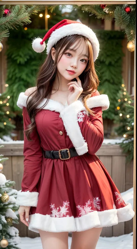 Christmas girl, bright orange long hair Emo Pin up Girl, red christmas dress, Striking a pose, natural make up, skinny innocent, in a snowy garden, heavenly, midshot, centered image, good girl, innocent girl