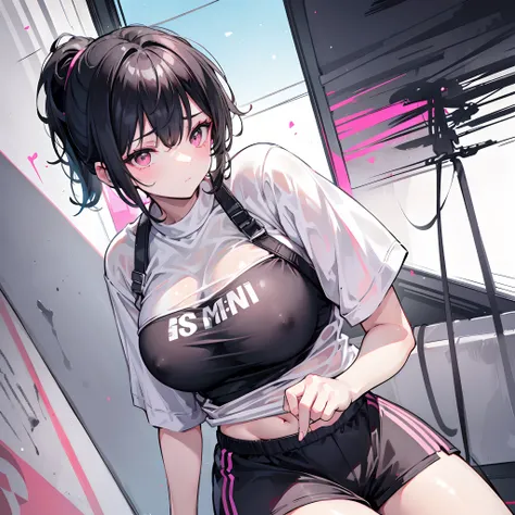 Short black hair ponytail，Pink eyes，Loving pupils，girl，huge tit，White sports shorts，white short sleeve，Clothes drenched in sweat，Stand a word horse，