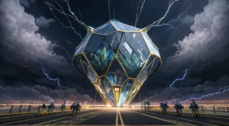 Giant drop-shaped crystal spaceship，，The sky above the competition stage，dark stormy clouds，Sky full of lightning，Even the dark clouds are obscured by shadows。 It will be a thunderstorm，Did you bring an umbrella？