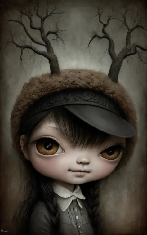 Pintura de una obeja negra sonriente con un sombrero negro y una nariz negra, Estilo Mark Ryden, Estilo de Mark Ryden, Mark Ryden en el estilo de, Mark Ryden muy detallado, inspirado por Mark Ryden, por Mark Ryden, Gary Baseman, benjamin lacombe, Anton Sem...