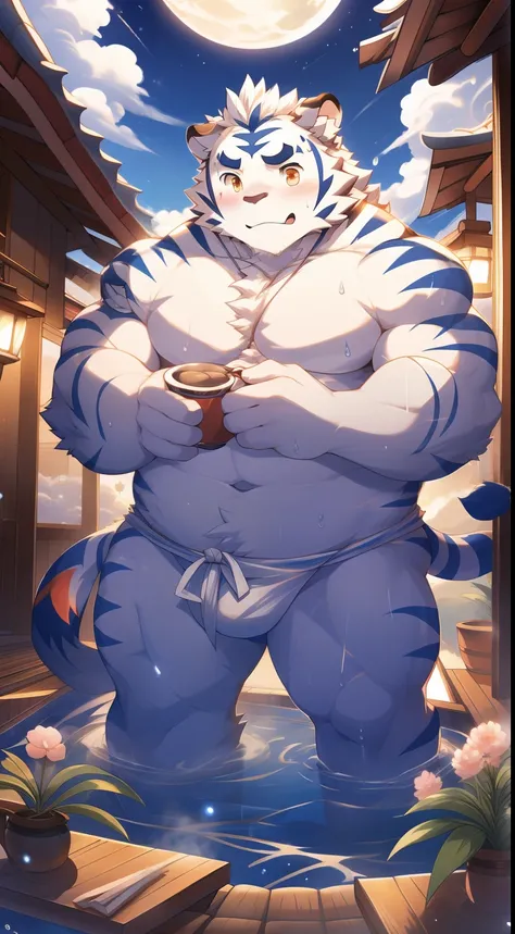 tmasterpiece，the night，Anthropomorphic white tiger，male people，26 year old，Thick eyebrows，Light blue fur，Strong body，large pecs，bare full body，Pink milk clusters，white fundoshi，medium bulge，soaked in the hot spring，teacup，open air，vale，vapour，sweat leggs，M...