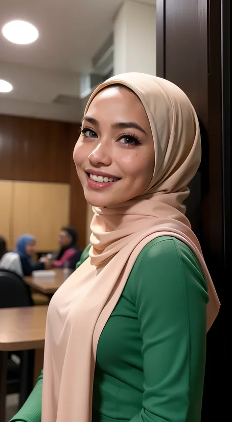 Malay girl in hijab, wear pastel green peplum dress, going to dinner, smiling, very long white hijab, wear necklace, front view, hiajb blown, windy, detail skin, age spot, detail skin texture, mole below eyes, small breast, flat chest, wide hips, small wai...