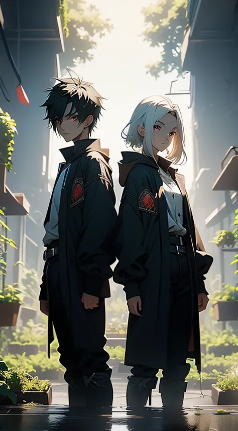 top-quality　tmasterpiece　Male and female duo Vegetable garden in another world The male protagonist grows vegetables The female protagonist looks at the male protagonist with white hair and black eyes The female protagonist has black hair and red eyes