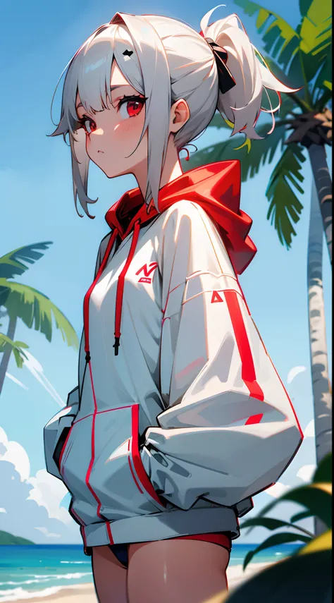 1girl, short ash grey hair, short ponytail, red eyes, wearing openen white zip hoodie, white swimsuit, hairpin, high res, ultrasharp, 8K, masterpiece, beach, open hoodie, palm trees,