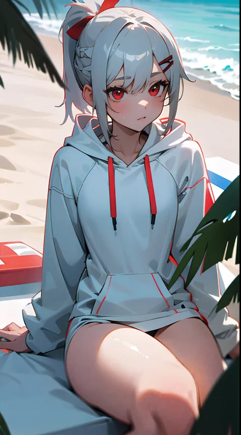 1girl, short ash grey hair, short ponytail, red eyes, wearing white hoodie, white swimsuit, hairpin, high res, ultrasharp, 8K, masterpiece, beach, palm trees, ice cream, laying in sunbench