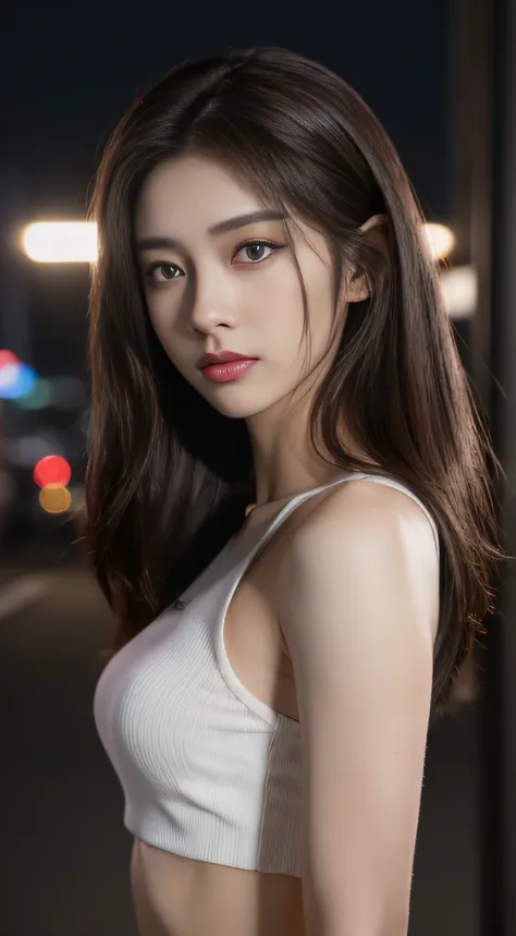 ((Realistic lighting, Best quality, 8K, Masterpiece: 1.3)), Clear focus: 1.2, 1girl, Perfect Figure: 1.4, Slim Abs: 1.1, ((Dark brown hair)), (White crop top: 1.4), (Outdoor, Night: 1.1), City streets, Super fine face, Fine eyes, Double eyelids,