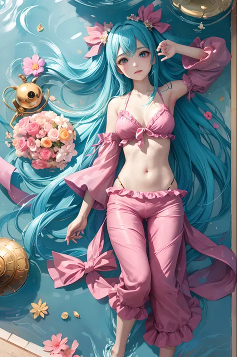 (​masterpiece、top-quality、Official art:1.2)、(colourfull)、miku hatsune、see the beholder、1girl in、portlate、独奏、Colorful water levitation、Lying girl、realisticlying、She wears long pants、Wearing pink pajamas、Cute、A sexy、a navel、accessorized、Correct anatomy、细致背景、