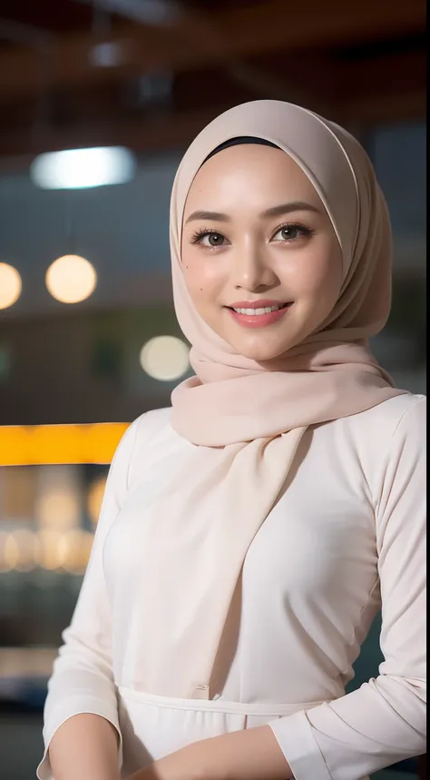 Malay girl in hijab, wear pastel white peplum dress, going to dinner, smiling, very long white hijab, wear necklace, front view, hijab blown, windy, detail skin, age spot, detail skin texture, mole below eyes, small breast, flat chest, wide hips, small wai...