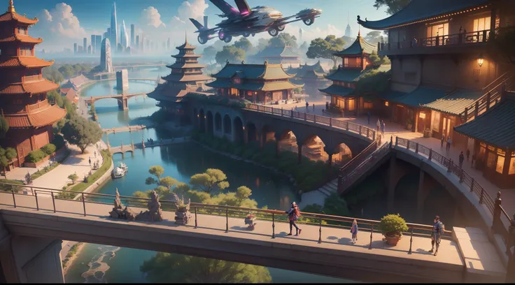 (top-quality,tmasterpiece,超A high resolution８K),(cyber punk perssonage,Cidade futuristica),(Dream, sfv),(epcot),(skyscrapper),{Chinese garden}