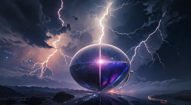 Giant teardrop-shaped crystal cosmic elliptical ship，，Skysky，dark stormy clouds，Sky full of lightning， It will be a thunderstorm，