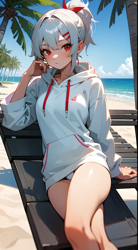 1girl, short ash grey hair, short ponytail, red eyes, wearing white hoodie, white swimsuit, hairpin, high res, ultrasharp, 8K, masterpiece, beach, palm trees, ice cream, laying in sunbench