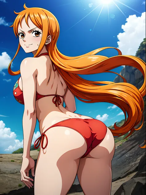 Nami from One Piece wearing a red bikini, showing the ass, back view, very light orange and yellowish haired girl,beautiful brown eyes, shiny white skin, full body photo, blushing cheeks,in a clouds in the sky smiling at the viewer,big breasts, Big thighs,...