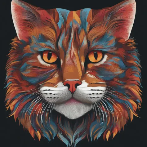 colorful, cute, cat, face, vibrant, t-shirt design, symmetrical, victor, flat design, bold vivid colors, white background, highly detailed, cute