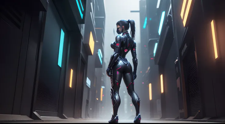 solo, super fine photo, full body picture Unreal Engine 5 8K UHD of a girl, concept art, character concept design (front view, back view, side view) wearing black tight shiny suit with cybernetic details, high-tech armor, long black glove, ponytail hair, h...