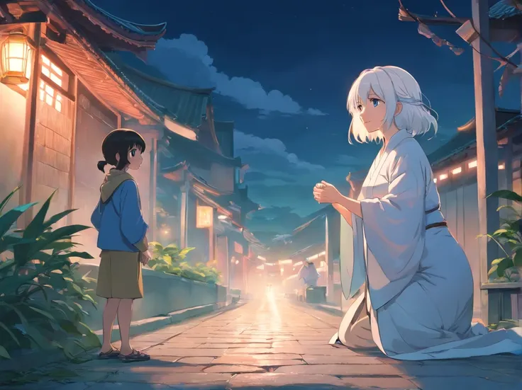 The white-haired grandmother looked at a white giant python in the distance，the night，(Chinese folk suspense supernatural comic style),High detail, Sharp focus, Dramatic，Anime drawing art,