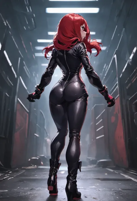 fotorrealista, Cinematic lighting, Cool pose, back view, looking at viewer, 1girl, russian woman, 30 years old, long hair, red hair, Black Spy suit, black knee boots, Black gloves, spy, full body, standing, (solo), street fighter art style, zipper, full-le...