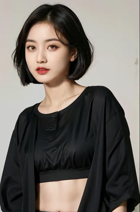 (Forehead, Cropped jacket, Abs, midriff, scowling, Short hair, Black hair, eyes liner:1.3), (Masterpiece, Best quality, Beautiful quality), (Photorealistic:1.4), (Detailed lighting, Extremely detailed skin, Extremely detailed hair, Shadows, 8K, Photo of Ji...