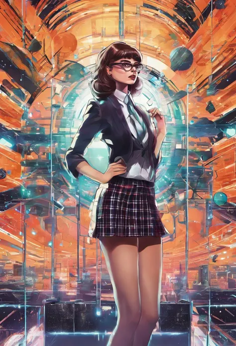 25 yo catholic voluptuous schoolgirl in school blazer and pleated tartan skirt wearing glasses, nervous, anxious, mary katherine gallagher on stage, erotic pose