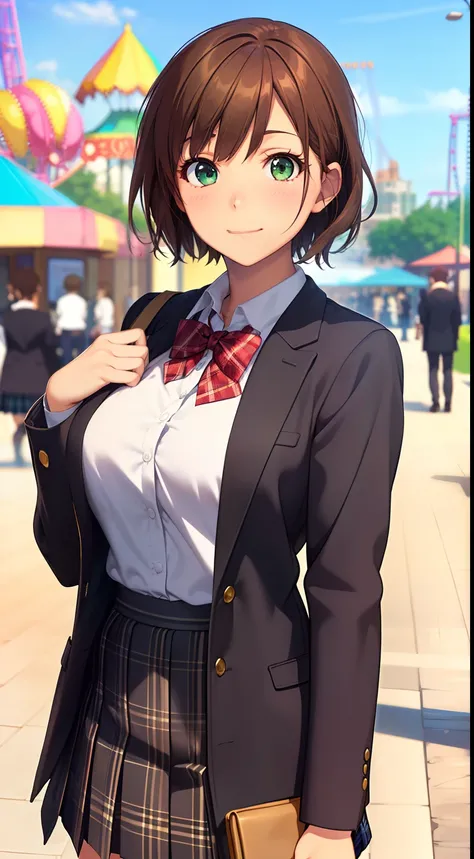 ((masutepiece, Best Quality, hight resolution, nffsw, Perfect Pixel, depth of fields, 4K, nffsw, nffsw))), 1girl in, Single, Solo, Beautiful anime girl, Beautiful Art Style, Anime Character, ((Short hair, Bangs, Brown hair, Cute hairstyle and habitual hair...