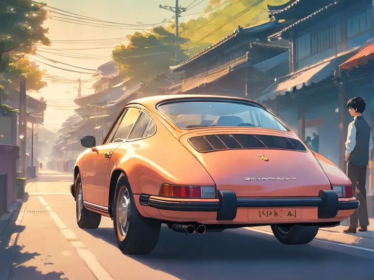 A rich man drives a Porsche，in the early morning，(Chinese folk suspense supernatural comic style),High detail