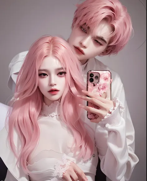 there is a man and a woman that are holding a cell phone, couple pose, inspired by Sim Sa-jeong, imvu, inspired by Kim Deuk-sin, inspired by jeonseok lee, nixeu and sakimichan, & jeehyung lee & wlop, pink hair, snapshot, realism artstyle,gray hair,wool swe...