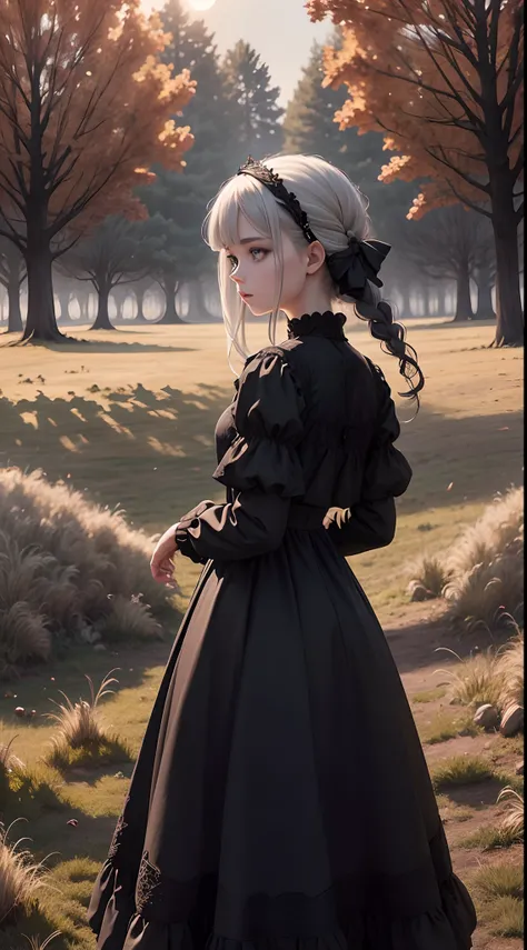 Meadow at the eclipse, gothic style late autumn, grass with wind, leaves are falling are down, one middle size tree like apple on the meadow, early stars on the sky, a girl standing near the tree in the shadow, her hair is blowing by the wind, her face is ...