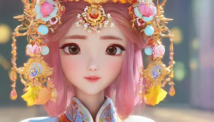 the Fullbody 3d artwork of cute girl，Cute face and eyes，25-year-old girl from the Tang Dynasty in China，Intricate flower and gemstone headdresses，Delicate chinese female doll in light blue and pink，，In Li Zhongqin，wave，solidcolor，The style of Rococo portra...