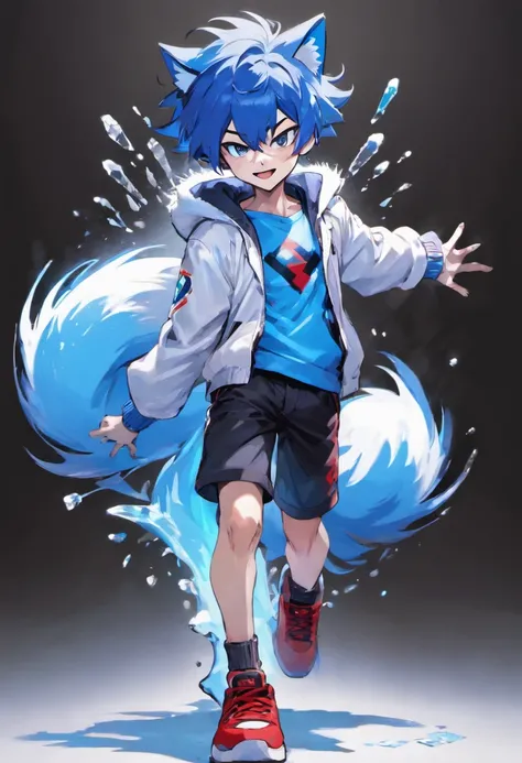 1Boy, 16 years old, blue hair, short hair, blue Fox ears, blue fox tail, white jacket, blue shirt, bkack shorts, red sneakers, full body, standing, smile, ice power