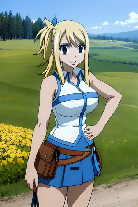 masterpiece, best quality, high-resolution, lucy heartfilia, blonde hair, long hair, large breasts, white shirt, sleeveless, bel...