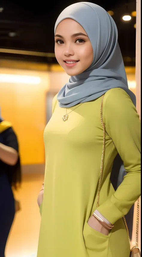 Malay girl in hijab, wear pastel yellow short dress, going to dinner, smiling, very long white hijab, wear necklace, front view, hijab blown, windy, detail skin, age spot, detail skin texture, mole below eyes, small breast, flat chest, wide hips, small wai...