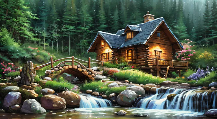 painting of a cabin in a mountain stream with a waterfall, children play around cabin,  4 k oil painting, beautiful oil matte painting, oil painting 4 k, oil painting 4k, cottage in the forest, beautiful oil painting on canvas, beautiful digital painting, ...