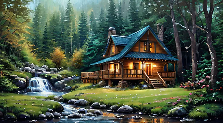 painting of a cabin in a mountain stream with a waterfall, children play around cabin,  4 k oil painting, beautiful oil matte painting, oil painting 4 k, oil painting 4k, cottage in the forest, beautiful oil painting on canvas, beautiful digital painting, ...